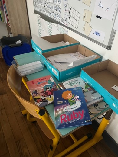 Table d’école avec plusieurs livres jeunesse étalés.